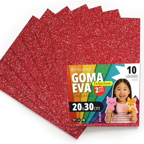 OFITURIA Glitzer-Moosgummi für Bastelarbeiten, Bunter Schaumstoff mit Glitzer für DIY, kreative Projekte, Kunst und Schule 20x30cm (Rot, 10 Stk) von OFITURIA