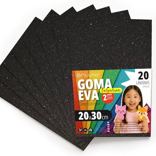 OFITURIA Glitzer-Moosgummi für Bastelarbeiten, Bunter Schaumstoff mit Glitzer für DIY, kreative Projekte, Kunst und Schule 20x30cm (Schwarz, 20 Stk) von OFITURIA
