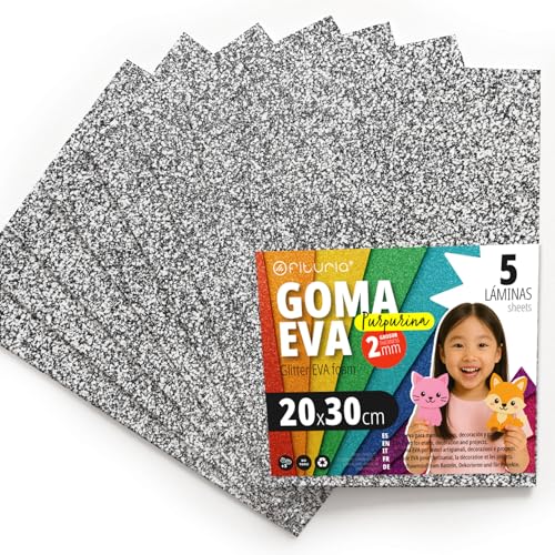 OFITURIA Glitzer-Moosgummi für Bastelarbeiten, Bunter Schaumstoff mit Glitzer für DIY, kreative Projekte, Kunst und Schule 20x30cm (Silber, 5 Stk) von OFITURIA