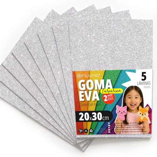 OFITURIA Glitzer-Moosgummi für Bastelarbeiten, Bunter Schaumstoff mit Glitzer für DIY, kreative Projekte, Kunst und Schule 20x30cm (Weiß, 5 Stk) von OFITURIA