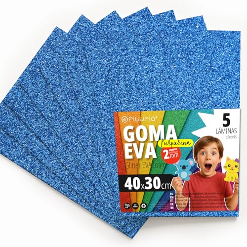 OFITURIA Glitzer-Moosgummi für Bastelarbeiten, Bunter Schaumstoff mit Glitzer für DIY, kreative Projekte, Kunst und Schule 40x30cm (Blau, 5 Stk) von OFITURIA