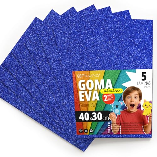 OFITURIA Glitzer-Moosgummi für Bastelarbeiten, Bunter Schaumstoff mit Glitzer für DIY, kreative Projekte, Kunst und Schule 40x30cm (Dunkelblau, 5 Stk) von OFITURIA