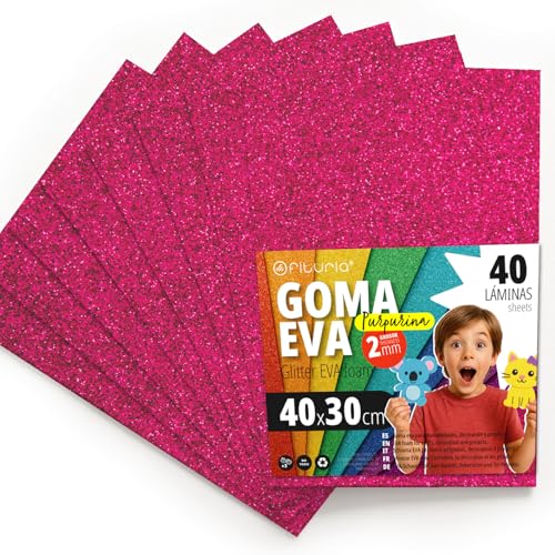 OFITURIA Glitzer-Moosgummi für Bastelarbeiten, Bunter Schaumstoff mit Glitzer für DIY, kreative Projekte, Kunst und Schule 40x30cm (Fuchsie, 40 Stk) von OFITURIA
