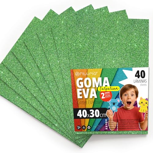 OFITURIA Glitzer-Moosgummi für Bastelarbeiten, Bunter Schaumstoff mit Glitzer für DIY, kreative Projekte, Kunst und Schule 40x30cm (Grün, 40 Stk) von OFITURIA