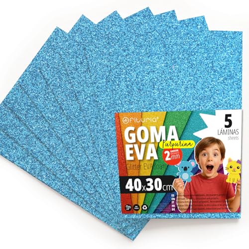 OFITURIA Glitzer-Moosgummi für Bastelarbeiten, Bunter Schaumstoff mit Glitzer für DIY, kreative Projekte, Kunst und Schule 40x30cm (Hellblau, 5 Stk) von OFITURIA