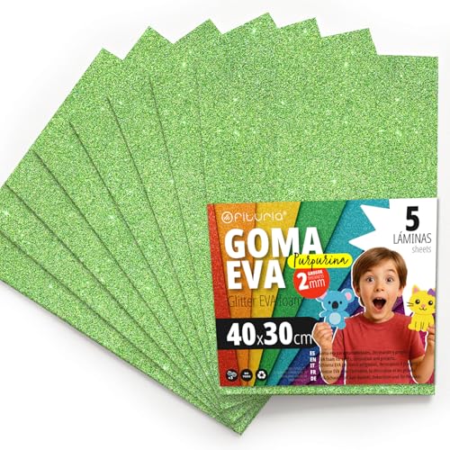 OFITURIA Glitzer-Moosgummi für Bastelarbeiten, Bunter Schaumstoff mit Glitzer für DIY, kreative Projekte, Kunst und Schule 40x30cm (Hellgrün, 5 Stk) von OFITURIA