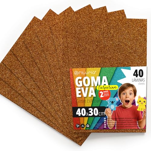 OFITURIA Glitzer-Moosgummi für Bastelarbeiten, Bunter Schaumstoff mit Glitzer für DIY, kreative Projekte, Kunst und Schule 40x30cm (Kupfer, 40 Stk) von OFITURIA