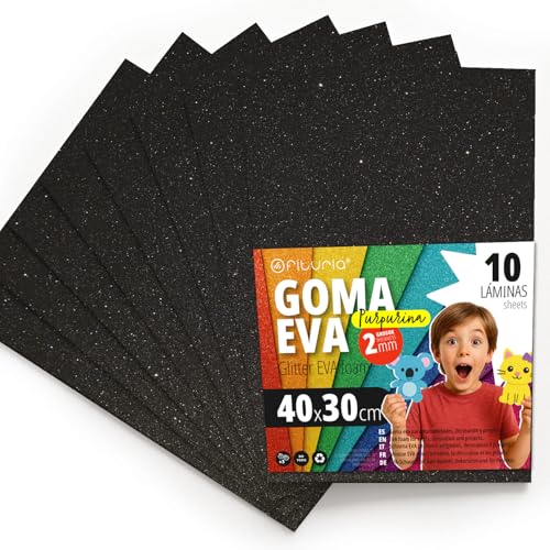OFITURIA Glitzer-Moosgummi für Bastelarbeiten, Bunter Schaumstoff mit Glitzer für DIY, kreative Projekte, Kunst und Schule 40x30cm (Schwarz, 10 Stk) von OFITURIA