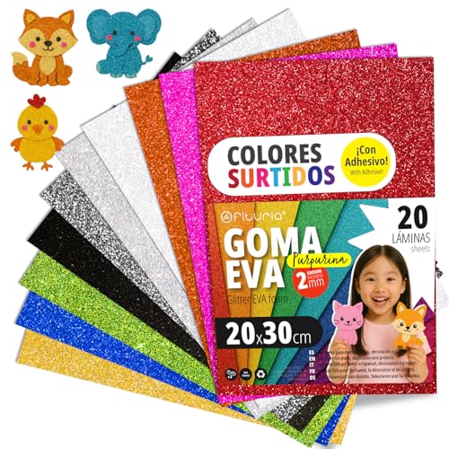 OFITURIA Glitzer-Moosgummi für Bastelarbeiten, Bunter Schaumstoff mit Glitzer für DIY, kreative Projekte, Kunst und Schule20x30cm (Sortiment, 20 Stk) von OFITURIA