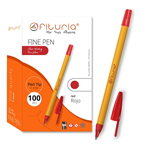 OFITURIA Kugelschreiber mit feiner Spitze, Rot, Beutel mit 100 Stück, Spitze 1 mm, Präzision und Detail, ideal für verschiedene Umgebungen wie Büro, Zuhause und Schule (Beutel mit 100 Stück, rot von OFITURIA