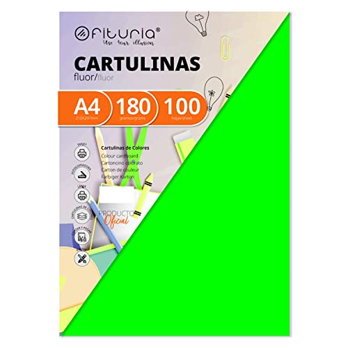 Pack 100 Cartulinas Color Verde Fluor Tamaño A4 180g von OFITURIA