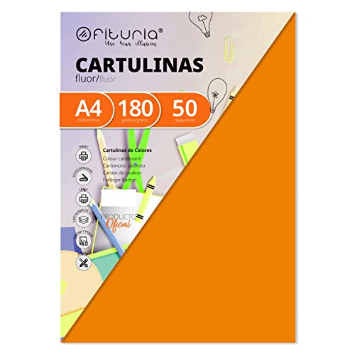 Pack 50 Cartulinas Color Naranja Fluor Tamaño A4 180g von OFITURIA
