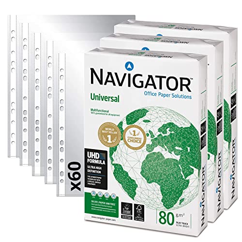 Packung mit 1500 Blatt Navigator Universal A4 80 g + 60 Hüllen aus Kunststoff für Folien, DIN A4 - Opituria (1500 Blatt + 60 Hüllen) von OFITURIA