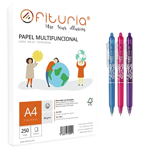 Packung mit 250 Blatt, A4, 80 g, 250 Blatt, Weiß, Multifunktionspapier für Schule und Laboral, mit 3 Pilot Frixion Clicker, löschbar (rosa, violett und hellblau)… von OFITURIA