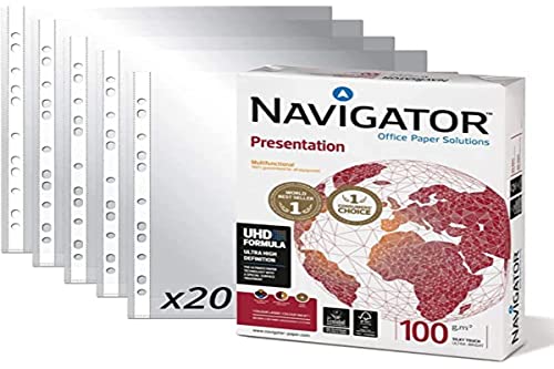 Packung mit 500 Blatt Navigator Universal A4 100 g + 20 Hüllen aus Kunststoff für Folien, Packung mit Blättern DIN A4 - Opituria (500 Blatt + 20 Hüllen) von OFITURIA