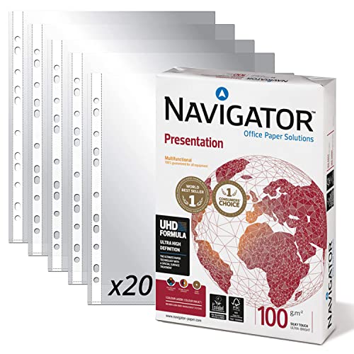 Packung mit 500 Blatt Navigator Universal A4 100 g + 20 Hüllen aus Kunststoff für Folien, Packung mit Blättern DIN A4 - Opituria (500 Blatt + 20 Hüllen) von OFITURIA