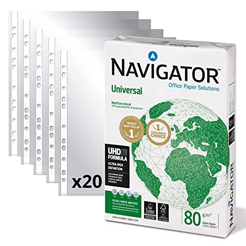 Packung mit 500 Blatt Navigator Universal A4 80 g + 20 Hüllen aus Kunststoff für Folios, DIN A4 - Opituria (500 Blatt + 20 Hüllen) von OFITURIA