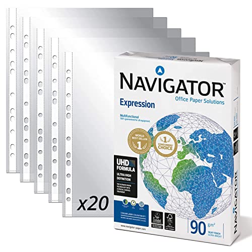 Packung mit 500 Blatt Navigator Universal A4 90 g + 20 Hüllen aus Kunststoff für Folien, Packung mit Blättern Din A4 - Opituria (500 Blatt + 20 Hüllen) von OFITURIA