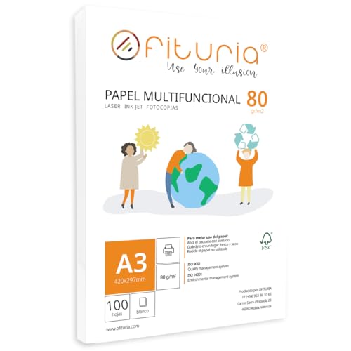 Packung mit 80 g A3-Blättern, 100 Blatt, weißes Multifunktionspapier für Schule und Laborals, ideal für Laserdrucker, Tintenstrahldrucker oder Kopierer - Ofituria von OFITURIA