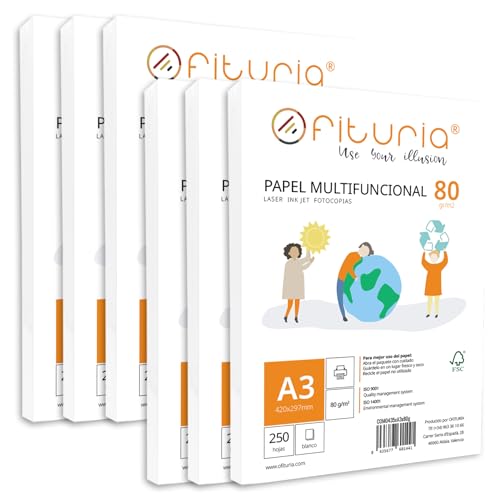 Packung mit A3-Blättern, 80 g, mit 250 weißen Blättern, multifunktionales Papier für Schule und Arbeitsumgebung, ideal für Laserdrucker, Tintenstrahldrucker oder Kopierer - Ofiturie (A3, 1500 h) von OFITURIA