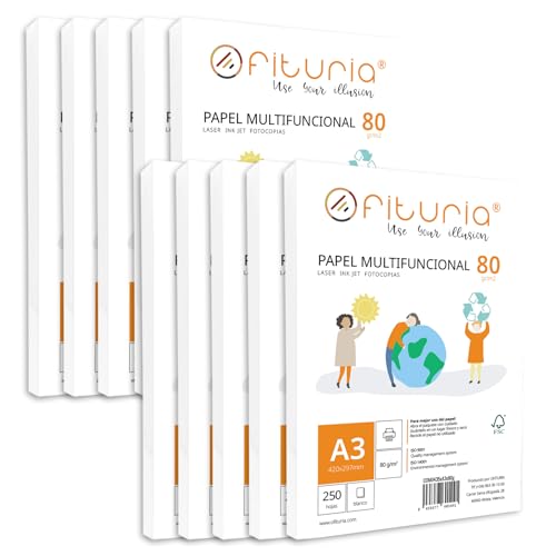 Packung mit A3-Blättern, 80 g, mit 250 weißen Blättern, multifunktionales Papier für Schule und Arbeitsumgebung, ideal für Laserdrucker, Tintenstrahldrucker oder Kopierer - Ofiturie (A3, 2500h) von OFITURIA