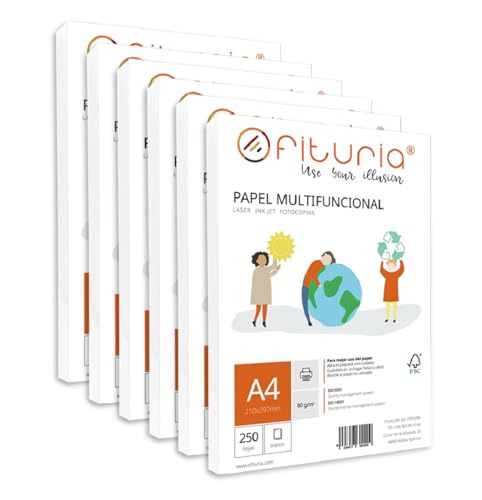 Packung mit A4-Blättern, 80 g, mit 250 weißen Blättern, multifunktionales Papier für Schule und Arbeitsumgebung, ideal für Laserdrucker, Tintenstrahldrucker oder Kopierer - Ofiturie (A4, 1500h) von OFITURIA