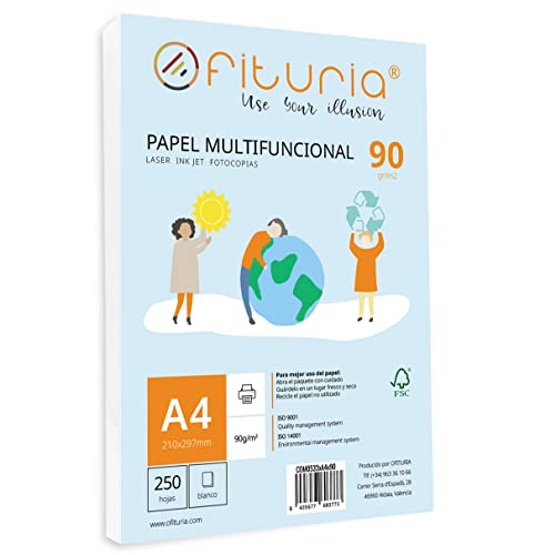 Packung mit A4-Blättern, 90 g, mit 250 weißen Blättern, multifunktionales Papier für Schule und Arbeitsumgebungen, ideal für Laser-, Inkjet- oder Kopierer, Opituria von OFITURIA