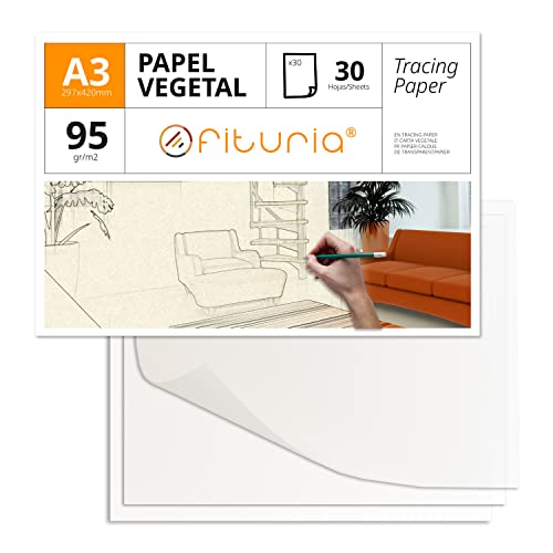 Pauspapier, A3 Pauspapier mit glänzender Oberfläche, 30 Blatt 95 g/m², starkes Pauspapier für technische Zeichnungen und Bastelarbeiten, säurefreies Papier – Ofituria (30 Blatt) von OFITURIA