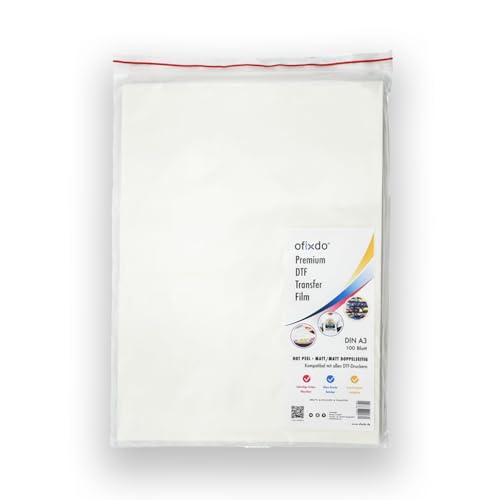 OFIXDO Premium DTF Transferfolie – DIN A3 – 100 Blatt – Doppelseitig Matt/Matt – Hot Peel – für DTF Drucker, Wärmetransfer von OFIXDO