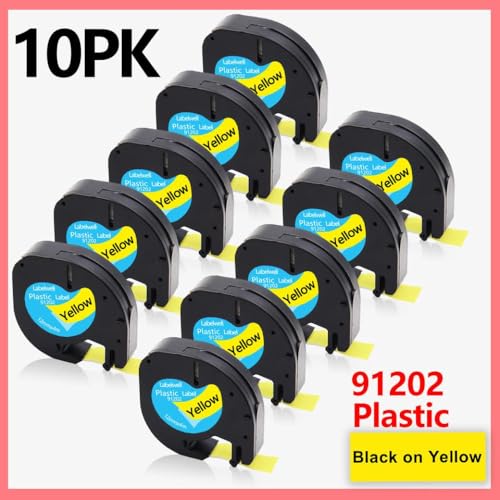 10PK-Kunststoff-Etikettenbänder 12mm x 4m kompatibel mit Etikettdruckermodellen LT-100H LT-100T XR für die Teilenummer 91201 91202 12267 91200 91203 91204 91205(10pk schwarz auf Gelb) von OGBtkLOrs