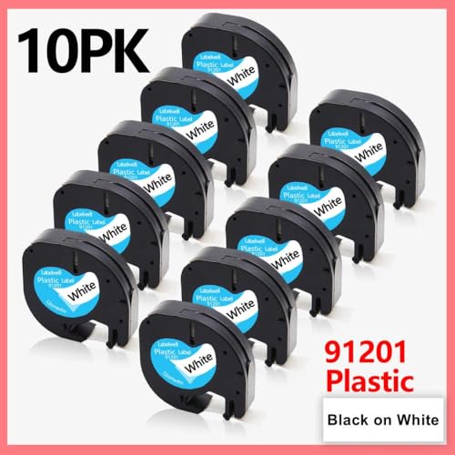 10PK-Kunststoff-Etikettenbänder 12mm x 4m kompatibel mit Etikettdruckermodellen LT-100H LT-100T XR für die Teilenummer 91201 91202 12267 91200 91203 91204 91205(10pk schwarz auf Weiß) von OGBtkLOrs
