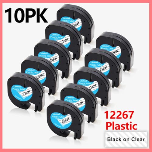 10PK-Kunststoff-Etikettenbänder 12mm x 4m kompatibel mit Etikettdruckermodellen LT-100H LT-100T XR für die Teilenummer 91201 91202 12267 91200 91203 91204 91205(10pk schwarz auf klar) von OGBtkLOrs