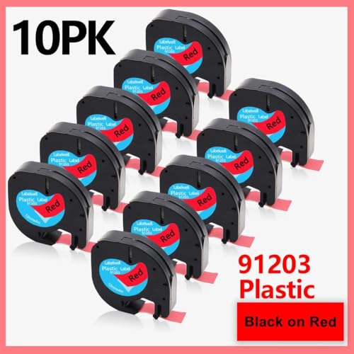10PK-Kunststoff-Etikettenbänder 12mm x 4m kompatibel mit Etikettdruckermodellen LT-100H LT-100T XR für die Teilenummer 91201 91202 12267 91200 91203 91204 91205(10pk schwarz auf rot) von OGBtkLOrs