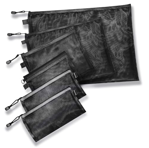 Dokumententaschen aus Netzstoff mit Reißverschluss, leicht, Nylon, Dokumenten-Organizer für Dokumente, Schule, Bürobedarf, Briefe (A3, A4, A5, A6, 2 Stiftebeutel, schwarz), 6 Stück von OGOLIGHT