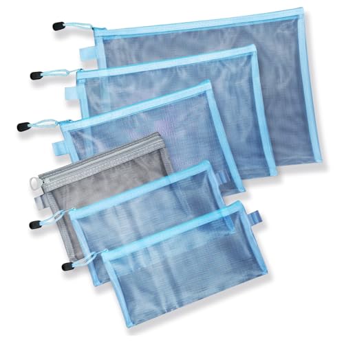 Dokumententaschen aus Netzstoff mit Reißverschluss, leicht, Nylon, Dokumenten-Organizer für Dokumente, Schule, Bürobedarf, Briefe (A4, B5, A5, A6, 2 Stiftebeutel, blau), 6 Stück von OGOLIGHT