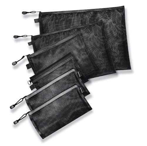 Dokumententaschen aus Netzstoff mit Reißverschluss, leicht, Nylon, Dokumenten-Organizer für Dokumente, Schule, Bürobedarf, Briefe (A4, B5, A5, A6, 2 Stiftebeutel, schwarz), 6 Stück von OGOLIGHT