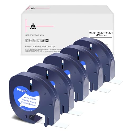 5 x 91221 Bänder Kompatibel mit Etikettenband Letratag 12mm x 4m für LT-100H LT-100T 200B XR, Schwarz auf Weiß, Kompatibel mit Dymo Letratag XR Etikettenband, White Plastic 91201 S0721660 von OGOUGUAN