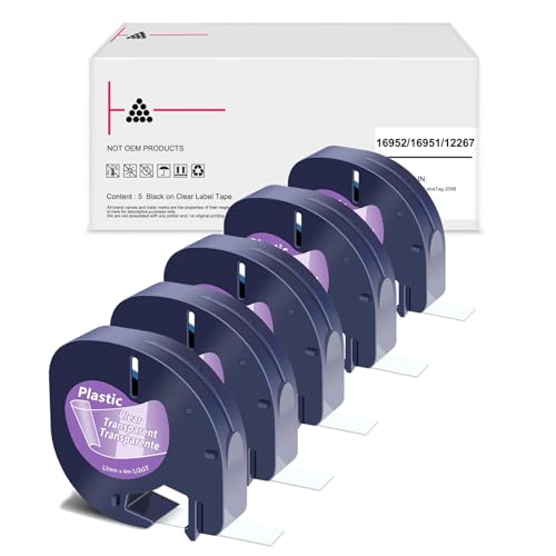 5er-Pack Etikettenband Transparent 12mm x 4m Ersatz für Dymo Letratag Clear Kunststoff Bänder 16951 12267 kompatibel mit Dymo Beschriftungsgerät LetraTag LT-100H LT-100T LT-200B XR von OGOUGUAN