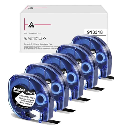 5x Bänder Kompatibel mit Dymo Etikettenband Letratag 12mm x 4m für LT-100H LT-100T 200B XR, Weiß auf Schwarz 913318, Kompatibel mit Dymo Letratag XR Etikettenband von OGOUGUAN