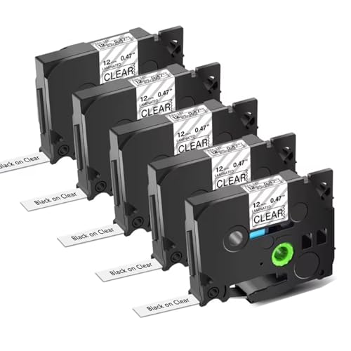 TZe-131 12 mm 0,47 laminiertes, transparentes Etikettenband, kompatibel mit Brother-Etikettierband, 12 mm, 0,47, für Ptouch PTH110 PTD210 (1/2 Zoll x 8 m), 5 Packungen von OGOUGUAN