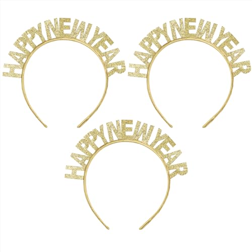 PARTYLOSOPHY 3 Stück – Haarreif Happy New Year in Gold mit Glitzer-Effekt – Haarreif Silvester Farbe Gold, Dekoration zum Jahresende Dekoration Weihnachten Silvester Stirnband von PARTYLOSOPHY