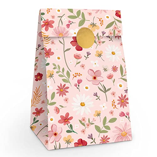 4 Geschenktüten, 7,5 x 11,5 x 20,5 cm, rosa mit Blumendruck, Süßigkeitentüte, Party, Fußball, Tasche und Süßigkeitenboxen (rosa Blumenbeutel) von PARTYLOSOPHY