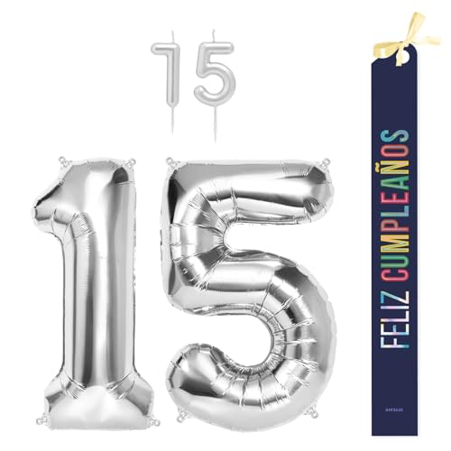 OH YEAH Dekorationsset zum 15. Geburtstag, silberfarben, Folienballons, 100 cm + Kerzen + Band zum Geburtstag – Party 18 20 30 40 50 60 70 80 90 Jahre – Mann und Frau – geeignet für Helio OH YEAH Dekorationsset zum 15. Geburtstag, silberfarben, Folienballons, 100 cm + Kerzen + Band zum Geburtstag – Party 18 20 30 40 50 60 70 80 90 Jahre – Mann und Frau – geeignet für Helio von OH YEAH