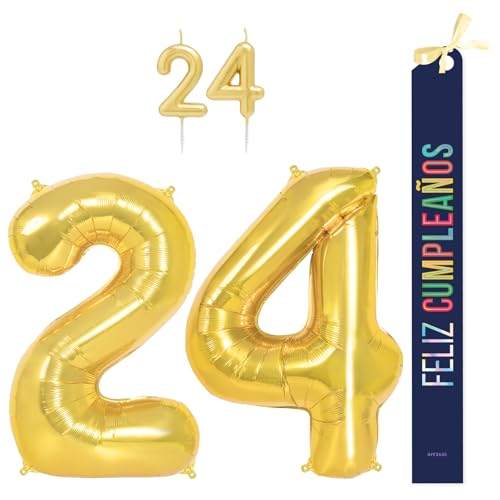 OH YEAH Dekorationsset zum 24. Geburtstag, goldfarben, Folienballons, 100 cm + Kerzen + Band zum Geburtstag – Party 18 20 30 40 50 60 70 80 90 Jahre – Mann und Frau – geeignet für Helio OH YEAH Dekorationsset zum 24. Geburtstag, goldfarben, Folienballons, 100 cm + Kerzen + Band zum Geburtstag – Party 18 20 30 40 50 60 70 80 90 Jahre – Mann und Frau – geeignet für Helio von OH YEAH