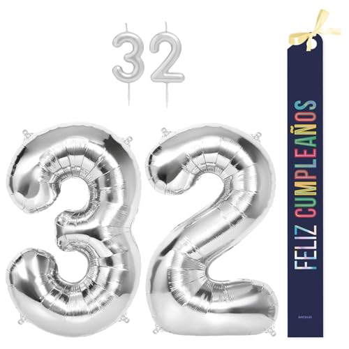OH YEAH Dekorationsset zum 32. Geburtstag, silberfarben, Folienballons, 100 cm + Kerzen + Band zum Geburtstag – Party 18 20 30 40 50 60 70 80 90 Jahre – Mann und Frau – geeignet für Helio OH YEAH Dekorationsset zum 32. Geburtstag, silberfarben, Folienballons, 100 cm + Kerzen + Band zum Geburtstag – Party 18 20 30 40 50 60 70 80 90 Jahre – Mann und Frau – geeignet für Helio von OH YEAH