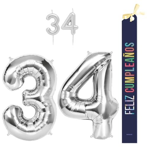 OH YEAH Dekorationsset zum 34. Geburtstag, silberfarben, Folienballons, 100 cm + Kerzen + Band zum Geburtstag – Party 18 20 30 40 50 60 70 80 90 Jahre – Mann und Frau – geeignet für Helio OH YEAH Dekorationsset zum 34. Geburtstag, silberfarben, Folienballons, 100 cm + Kerzen + Band zum Geburtstag – Party 18 20 30 40 50 60 70 80 90 Jahre – Mann und Frau – geeignet für Helio von OH YEAH