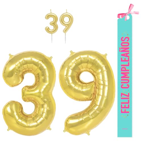 OH YEAH Dekorationsset zum 39. Geburtstag, goldfarben, Folienballons, 100 cm + Kerzen + Band zum Geburtstag – Party 18 20 30 40 50 60 70 80 90 Jahre – Mann und Frau – geeignet für Helio OH YEAH Dekorationsset zum 39. Geburtstag, goldfarben, Folienballons, 100 cm + Kerzen + Band zum Geburtstag – Party 18 20 30 40 50 60 70 80 90 Jahre – Mann und Frau – geeignet für Helio von OH YEAH