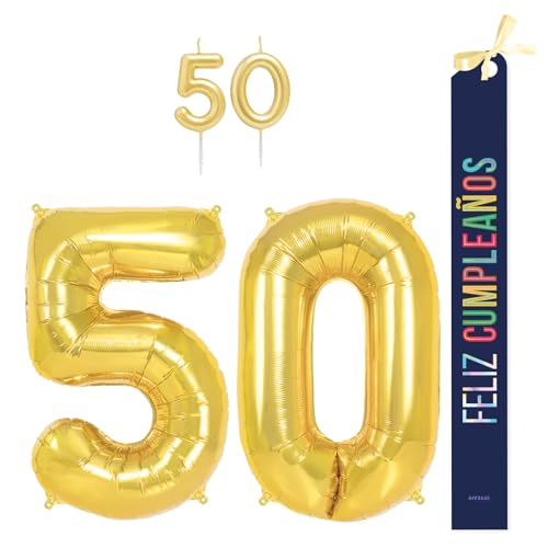 OH YEAH Dekorationsset zum 50. Geburtstag, goldfarben, Folienballons, 100 cm + Kerzen + Band zum Geburtstag – Party 18 20 30 40 50 60 70 80 90 Jahre – Mann und Frau – geeignet für Helio OH YEAH Dekorationsset zum 50. Geburtstag, goldfarben, Folienballons, 100 cm + Kerzen + Band zum Geburtstag – Party 18 20 30 40 50 60 70 80 90 Jahre – Mann und Frau – geeignet für Helio von OH YEAH