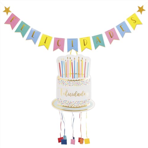 OH YEAH Piñata Kindergeburtstag mit Girlande - Große Geburtstags-Piñata - Dekoration für Kinderpartys - Girlande Glückwünsche 5 m - Piñata Kuchen 40 x 55 cm - einfache Montage von OH YEAH
