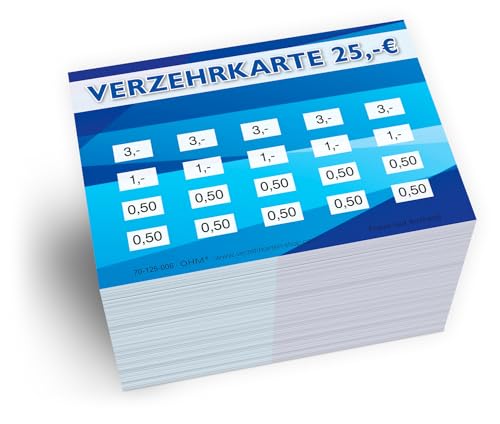 250 Verzehrkarten DIN A7, Gesamtwert 25 Euro, praktische Alternative zu Wertmarken, für Vereine, Gastronomie etc., einfaches bargeldloses Bezahlen von OHM